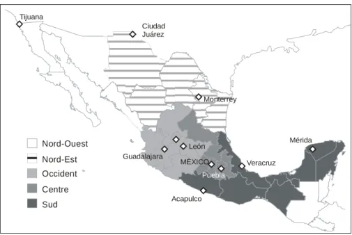 Figure 1 : Subdivision du Mexique en grands ensembles socio-économiques régionaux 35