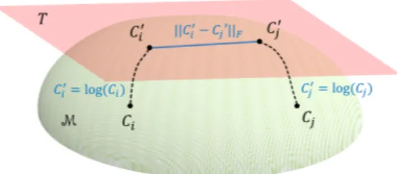 Figure 2: Two sample covariance matrices C i and C j are pro- pro-jected from a two-dimensional manifold M to the tangent space T via matrix logarithm operation log(·)