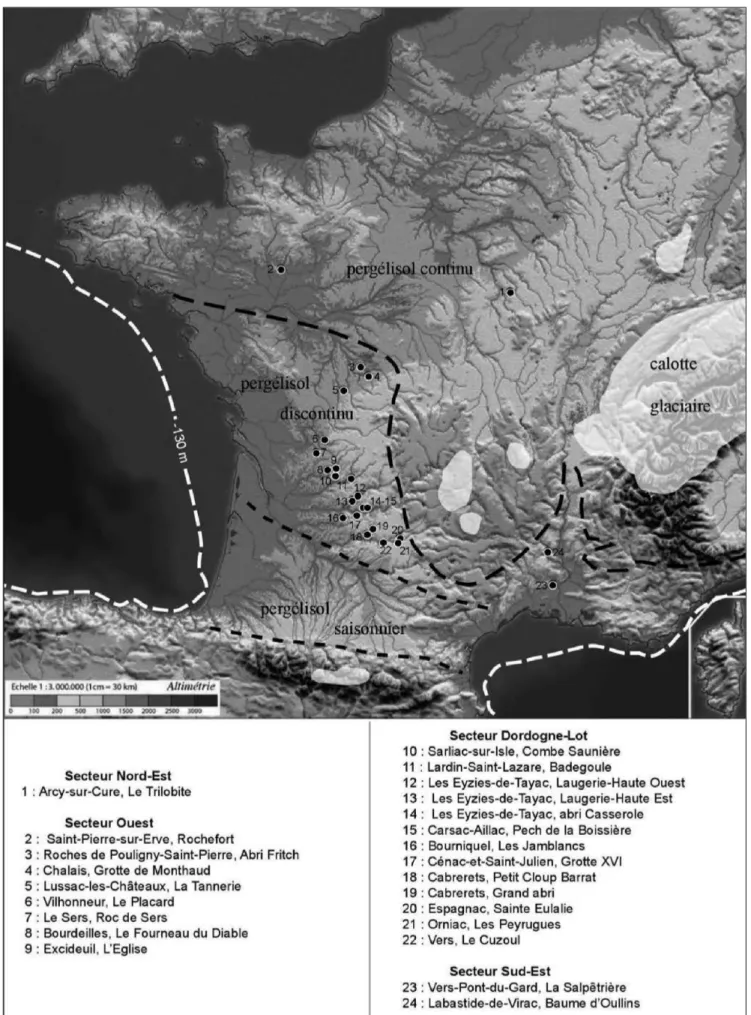 Fig. 2. Carte des sites solutréens où la faune est documentée  (limites du permafrost d’après Van Vliet et al., 2005 et Bertran et al., 2013).