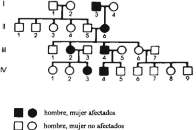 Figura 1-2. Esquema genea.l6gico de trasmisi6n de un desorden autos6mico dominante.