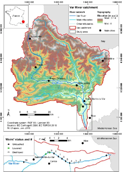 Fig. 1. Var River catchment and location of the study reach in the downstream part of the river