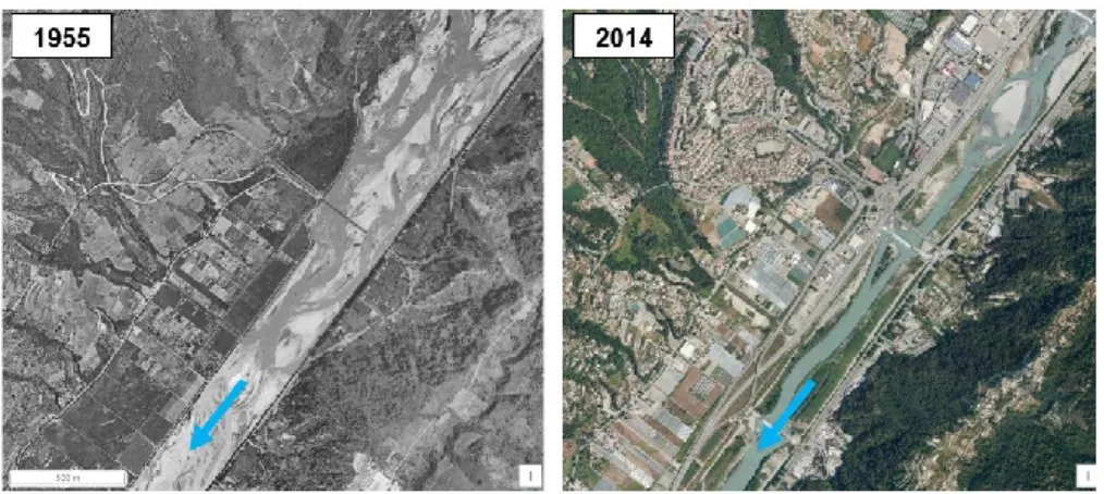 Fig.  2.  Var  River  catchment  and  location  of  the  study  reach  in  the  downstream  part  of  the  river  (modified from: https://remonterletemps.ign.fr)