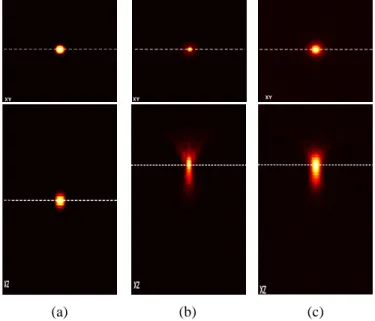 Fig. 2: Lateral (top) and axial (bottom) sections of the (a) simu- simu-lated band-limited microsphere, (b) the theoretically modeled PSF (5) at a depth of 10µm, and the corresponding (c) blurred-noisy (γ = 100) simulation of the object as imaged by a CLSM