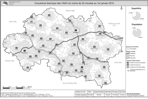 Figure 1 : Exemple de carte de zones de couverture  que l’on peut trouver dans les SDACR (source : SDIS de l’Allier).