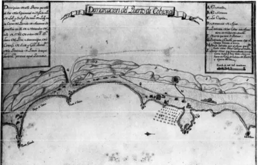 Figura 1: Plano de la rada de Cobija hecho bajo la orden de Don Juan del Pino Manríquez en  1786 (Hidalgo, 1983: 145).
