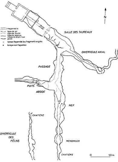 Fig. 5 : Plan de la grotte de Lascaux et localisation  des lampes. Les chiffres indiquent le nombre de  lampes