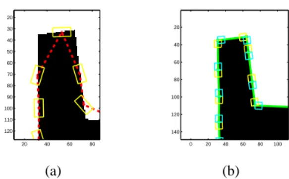 Fig. 3. (a)the classical region snake in dashed red and the win- win-dows around contour points in yellow,(b) the corner tracker snake in green and the left windows in yellow and the right windows in cyan.