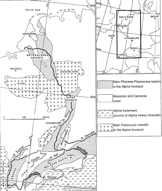 Fig.  1.  The  Alpine  foreland.  Location  of  Pliocene-Pleistocene  basins  and  current pattern of  main  rivers  northwest  of the  Alps