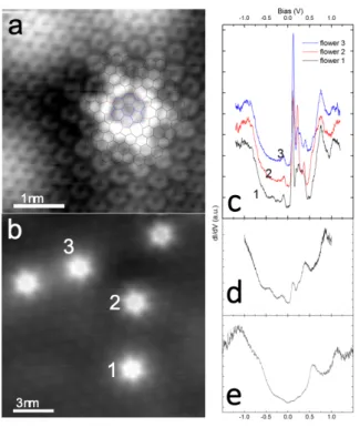 Figure 3: (a) Scanning tunelling microscopy image of a flower defect with the qualitative atomic model superimposed over it (4 × 4 nm 2 , V=1 V, I=100 pA).(b) Topographic image of 5 other flower defects (15×15 nm 2 , V = 220 mV, I = 1 nA).(c) dI/dV spectra