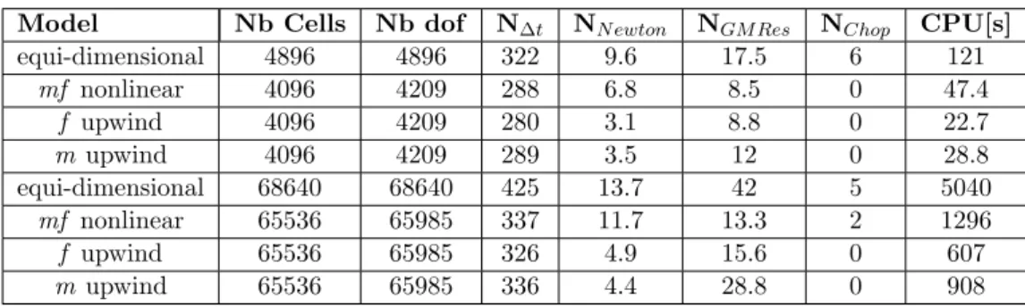 Table 2: Numerical behavior of the equi-dimensional and hybrid-dimensional models on both Cartesian meshes for the gravity dominant test case with heterogeneous capillary pressures.