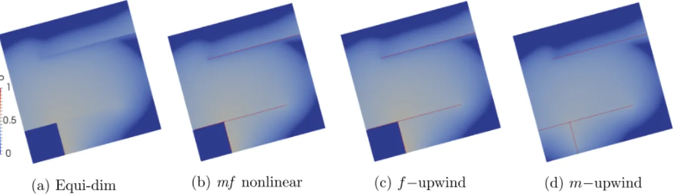 Figure 7: From left to right: oil saturation at final time computed by the equi-dimensional and hybrid-dimensional models for the viscous dominant test case with overpressure of 2