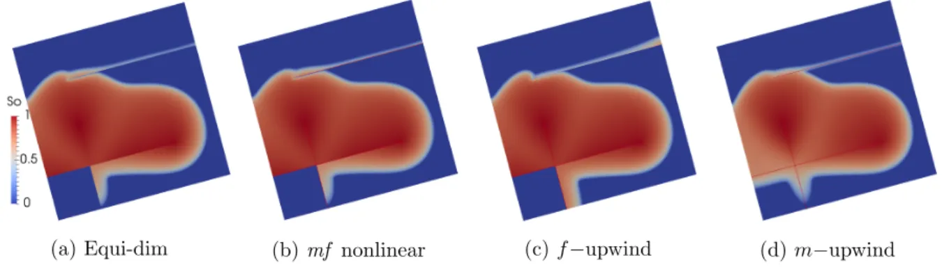 Figure 9: From left to right: oil saturation at final time computed by the equi-dimensional and hybrid-dimensional models for the viscous dominant test case with overpressure of 2