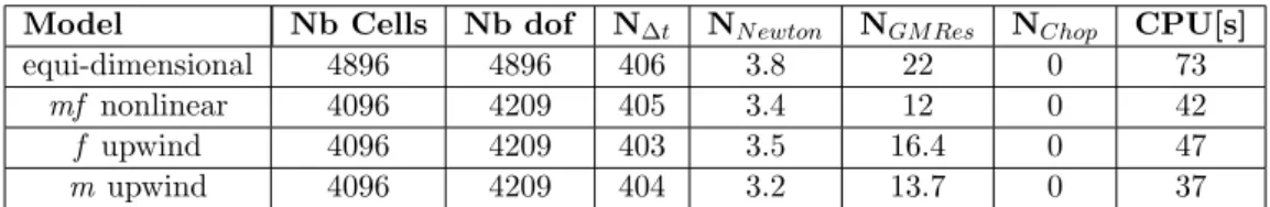 Table 5: Numerical behavior of the equi-dimensional and hybrid-dimensional models for the 3 drains and 1 barrier test case