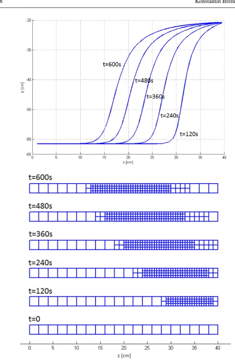 Fig. 6 Time evolution of the pressure p and the adaptive mesh in the Haverkamp problem.