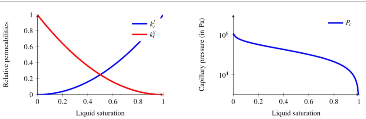 Fig. 7.1 Relative permeabilities of both phases k α r , α = g, l and capillary pressure P c as functions of the liquid saturation S l .