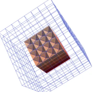 Figure 4: Hybrid mesh obtained for N = 8 and composed of cubes in the HFV subdomain Ω \Ω v and of pyramids in the VAG subdomain Ω v = (0.25, 0.75) 3 .
