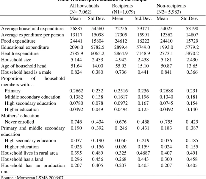 Table 1. Descriptive statistics of the sample  All households  (N= 7,062)  Recipients  (N1=1,079)  Non-recipients           (N2= 5,983) 