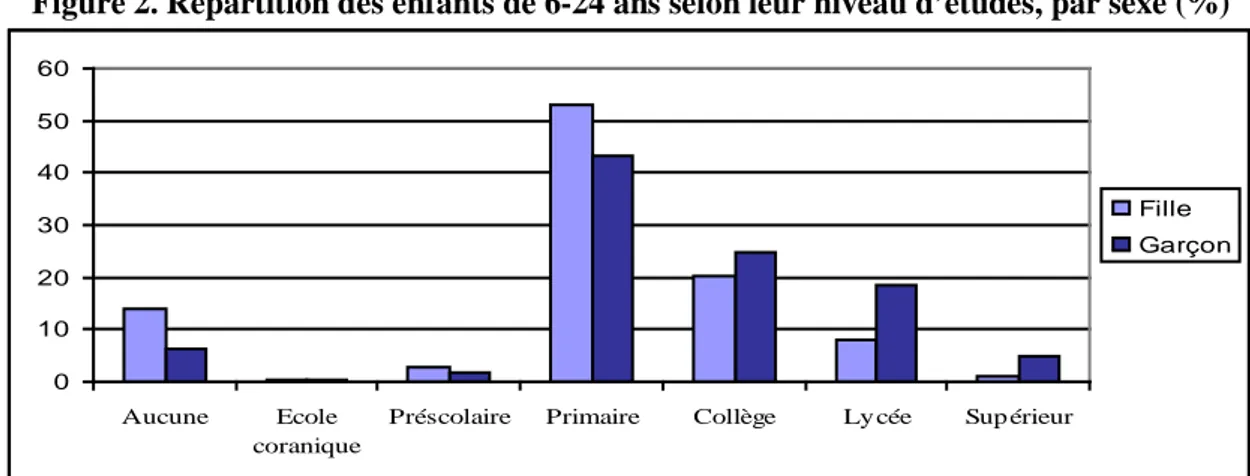 Figure 2. Répartition des enfants de 6-24 ans selon leur niveau d’études, par sexe (%) 