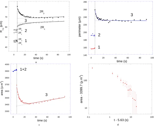 Figure 4. Evolution of the (a) large and small axes, (b) perimeter, and (c) area of the drops 1 and 2 (”parents”, see Figs