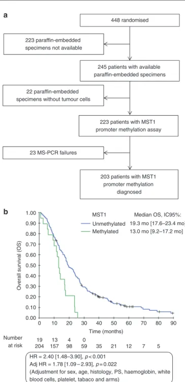Fig. 1 a Flow chart. b Kaplan – Meier curve of overall survival according to the MST1 promoter status (methylated or unmethylated)