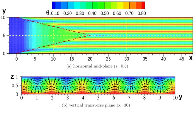 Figure 2: Temperature ﬁelds, θ, in the horizontal mid-plane and temperature ﬁeld and velocity vector ﬁeld in the transverse plane at x = 30 in the longitudinal roll ﬂow of the present test case