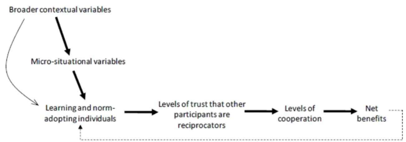 Fig A.1.4 Micro-situational and broader context of social dilemmas affect trust and cooperation  (Poteete, Janssen et al