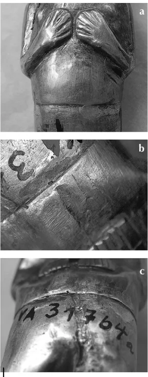 Figure 10 – details of the joining of the hollow gold  figurine V A 31764: (a) front, (b) and (c) back