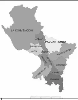 Figura 1 – Mapa del departamento del  Cusco con la ubicación de la provincia de  Paucartambo, 