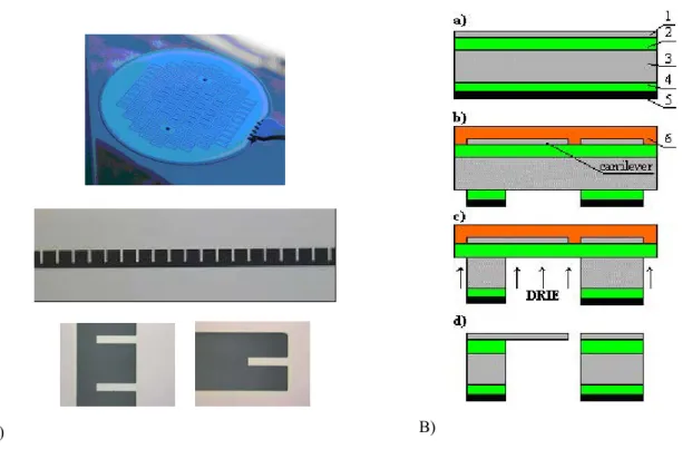 Fig. 2. A) (up) Wafer before dicing. (middle) Array of 20 microcantilevers (bottom) details of  the fabricated cantilevers