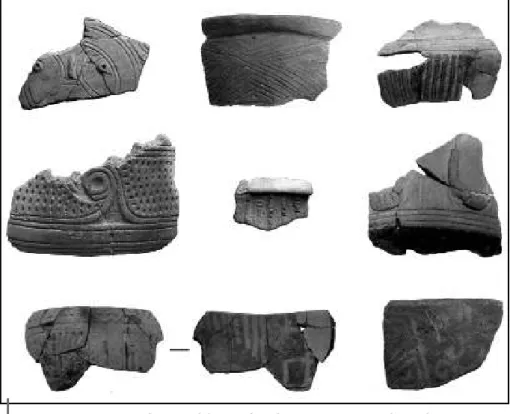 Figura 9 – Cerámica Kilamope del sitio de Kilamope con varios decorados: incisiones,  cordelado, puntuado, aplicados, negativo 