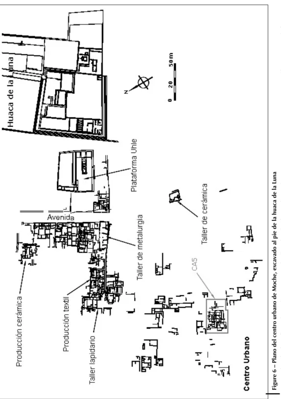 Figure 6 – Plano del centro urbano de Moche, excavado al pie de la huaca de la luna Son ubicados los talleres de producción especializados identificados, y el complejo arquitectónico 5 (CA5) (Proyecto Arqueológico Huaca de la Luna,  2003)