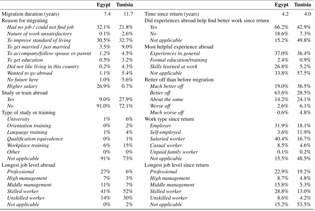 Table 12: Descriptive statistics for return migrants