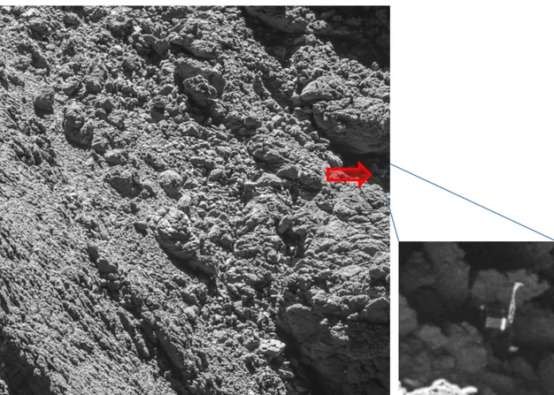 Figure 2: Philae Lander (see red arrow) with its 3 legs in vertical position spotted at Abydos after final  landing on the surface of comet 67P/Churyumov-Gerasimenko