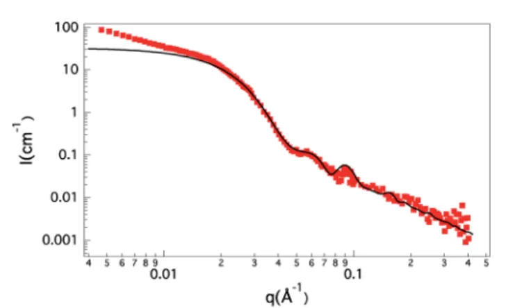 Fig. 6 Re ﬂ ectivity (circles) as a function of the transfer wavevectors for the PS 48 - b -(PS 31 - co -PDMAEMA 60 ) copolymer at the toluene-pH 3 water interface
