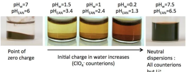 Figure 1: Typical aspects of ferrofluid samples in EAN: totally  flocculated at the point of zero charge (left); the concentration of  dispersed  nanoparticles  in  the  supernatant  increases  with  the  nanoparticles surface charge, as shown by its color