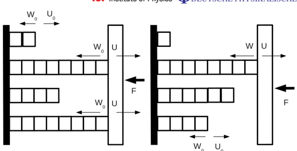 Figure 1. Representation of the filaments pushing on a barrier (the white vertical rectangle on the right, which exerts a force F on the filaments)