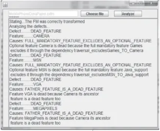 Figure  4  presents  one  snapshot  of  the  developed  tool  with  a  feedback  obtained  when  we  analyzed  dead  features  in  our  application  example