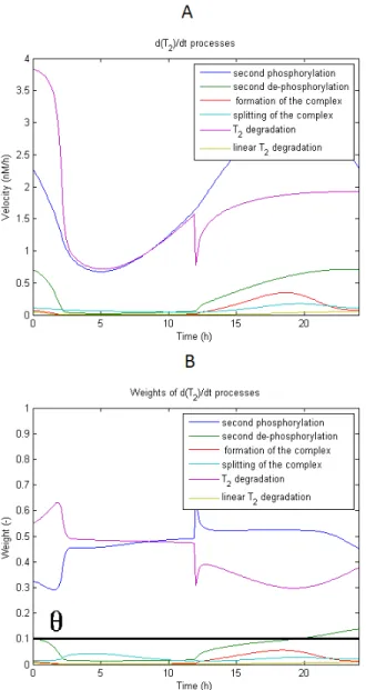 Fig. 1. (A) Example of simulation of the processes of the 8th coordinate of the ODE system in [10] and (B) of the relative weights with the threshold θ set at 0.1
