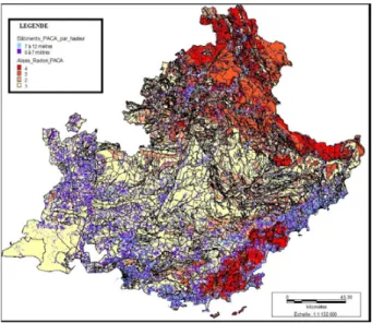 Fig. 2. Al´eas radon et hauteur du bˆati en PACA.