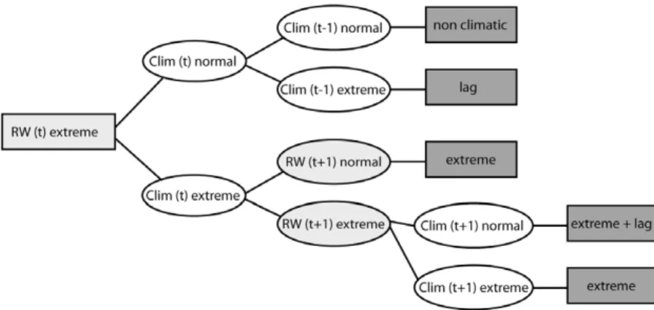 Figure C.1. Concept to distinguish between isolated growth extremes, growth extremes with lag effects, purely lagged extremes and growth extremes which are not related to climate extremes
