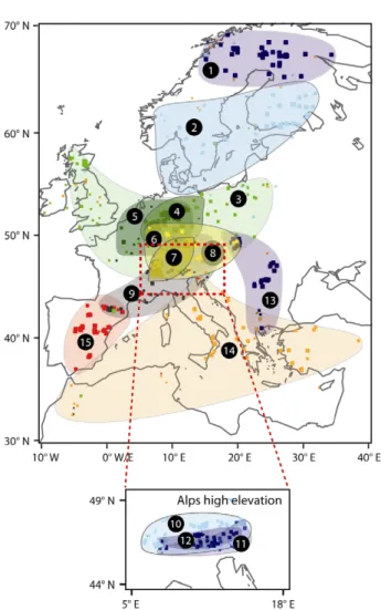 Figure 2. Geographic space represented by the fifteen regional tree-ring chronologies (RTCs)
