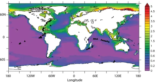Figure 1. Map of annual average surface iron concentration (0–100 m) from the NEMO-PISCES model