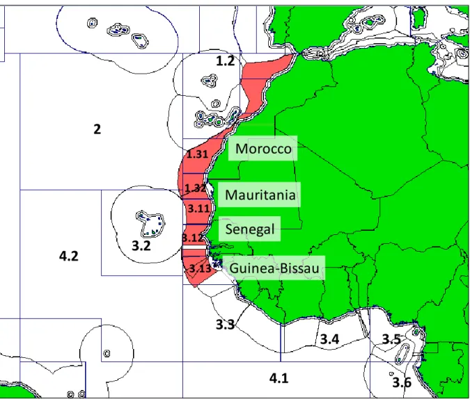 Figure  1.-  Map  of Northwest Africa – Eastern Central Atlantic (FAO Fishing area 34), indicating the  EEZs of the coastal States with current SFPAs with the EU, and the FAO Fishing subareas, divisions  and subdivisions