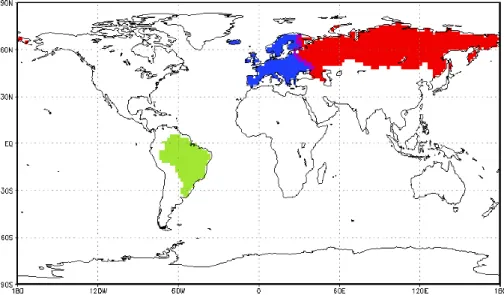 Fig. 2. Regions for computation of target quantities: grid cells contributing to fluxes over Europe (blue), Russia (red), both (violet), and Brazil (green).