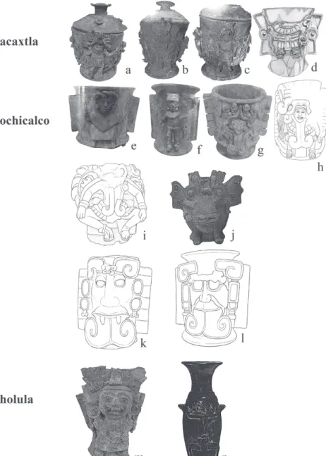 Fig. 10 – Vasijas efigies procedentes de Cacaxtla, Xochicalco y Cholula.