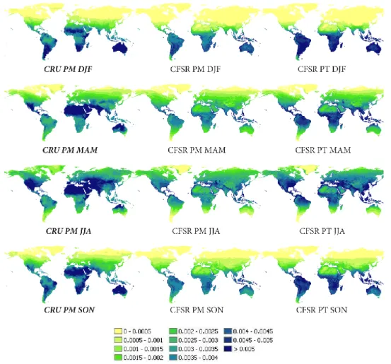 Fig. 4a. Global maps with seasonal average daily potential evaporation (m day −1 ). CRU derived with the Penman-Monteith equation (left;