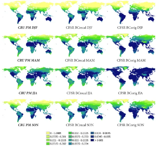 Fig. 4b. Global maps with seasonal average daily potential evaporation (m day −1 ). CRU derived with the Penman-Monteith equation (left;