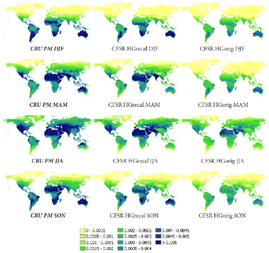 Fig. 4c. Global maps with seasonal average daily potential evaporation (m day −1 ). CRU derived with the Penman-Monteith equation (left;