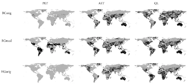 Fig. 8a. Maps showing areas where CFSR derived PET, AET and local runoff (QL) significantly deviates according to the Welch’s t-test for a significance level of 95 % from CRU derived values (in grey) and areas where annual average values do not significant