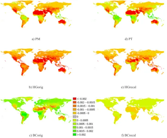 Fig. 3. Global maps with annual average bias of CFSR estimated daily reference potential evaporation (PET; m day −1 ) from annual average CRU Penman-Monteith reference PET